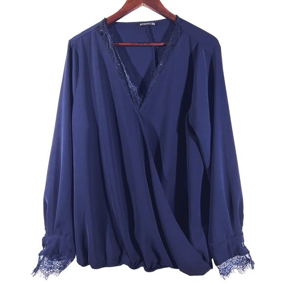 Bloomchim Navy Blue V-Neck Long Sleeve Wrap Front Top 14/16 - Picture 3 of 10